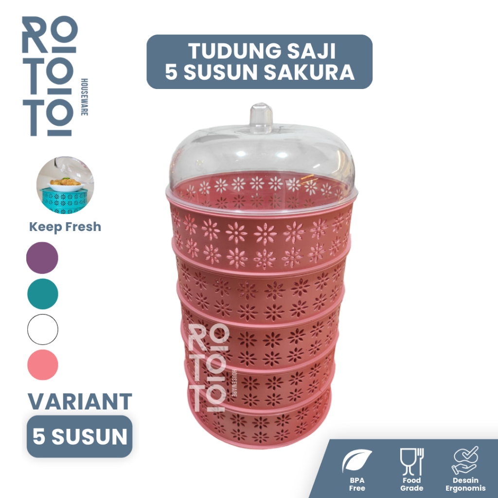 Rototo Tudung Saji Susun Tingkat Food Rack Storage Wadah Penyimpanan Sayur Makanan 5 Susun Pink