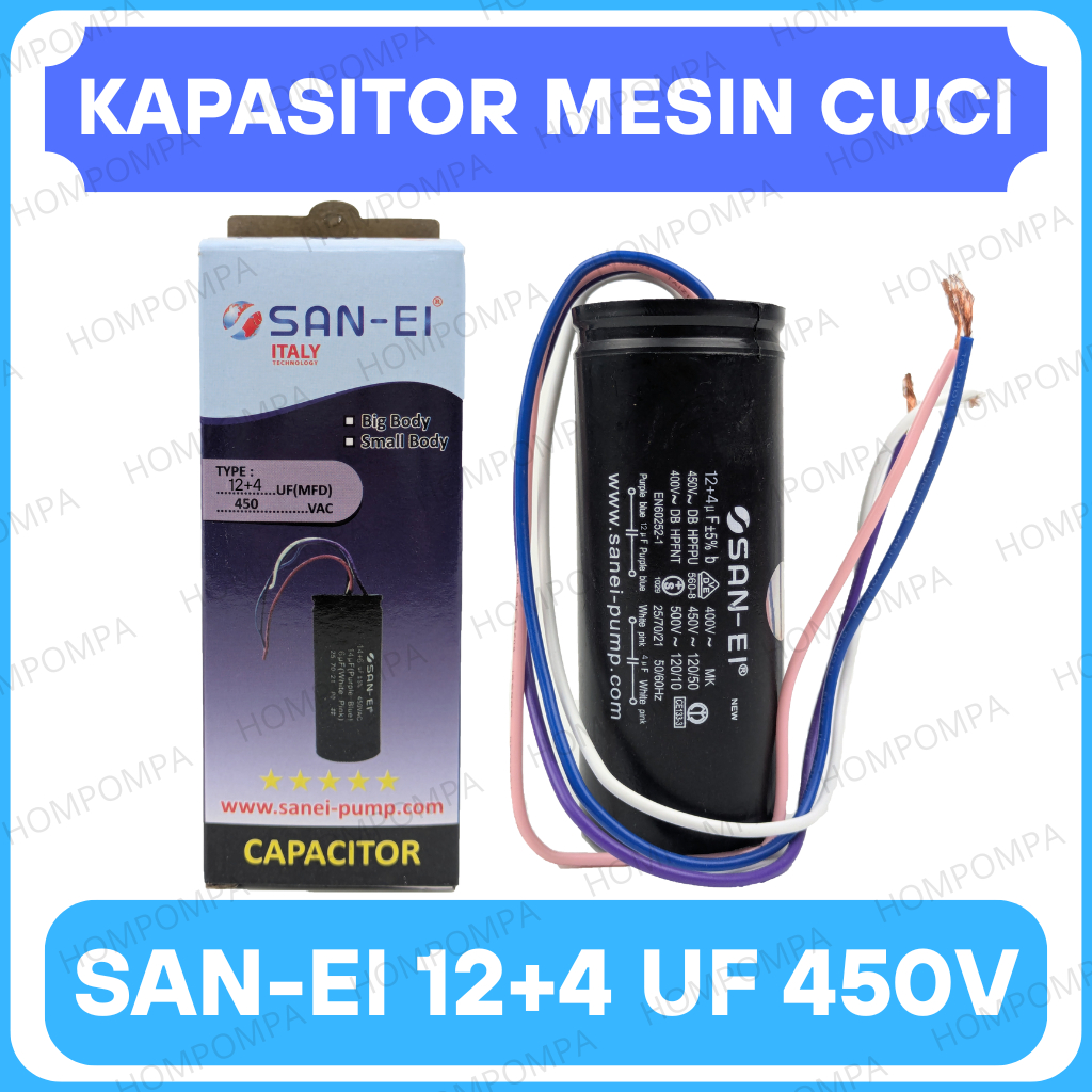 KAPASITOR MESIN CUCI 12+4 UF SANEI ORIGINAL - CAPACITOR MESIN CUCI 2 TABUNG 4 UF + 12 UF 450V