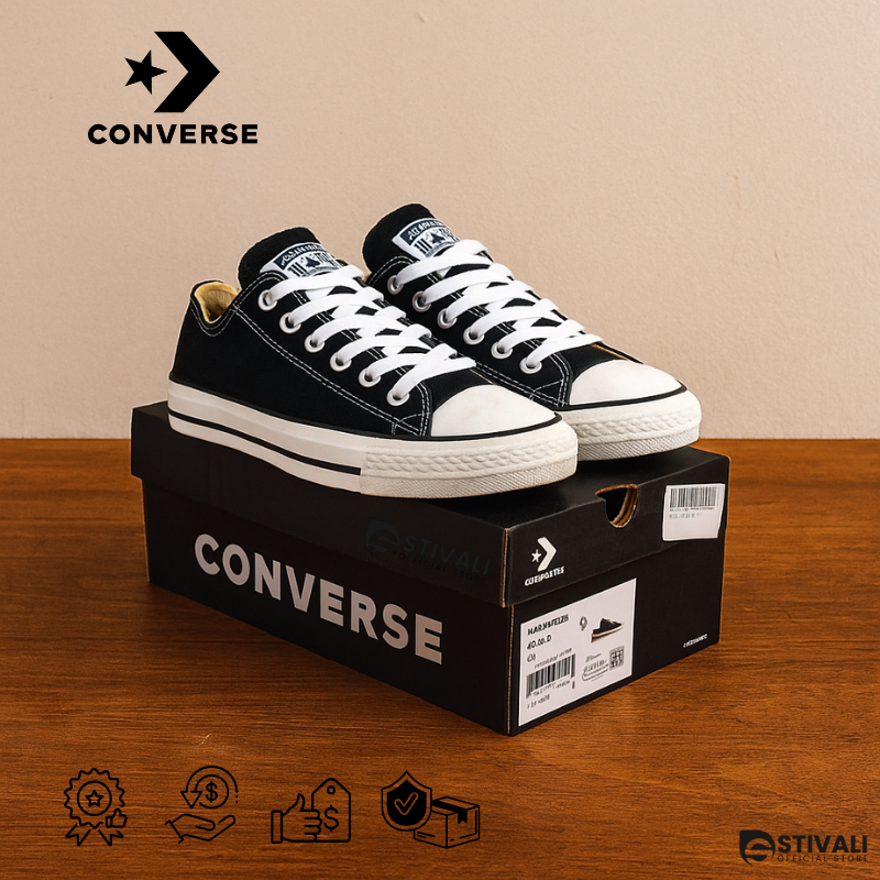 Sepatu Converse Allstar Pria Wanita Low Balck White Sepatu Sekolah Nb Hitam Garis Putih TERMURAH