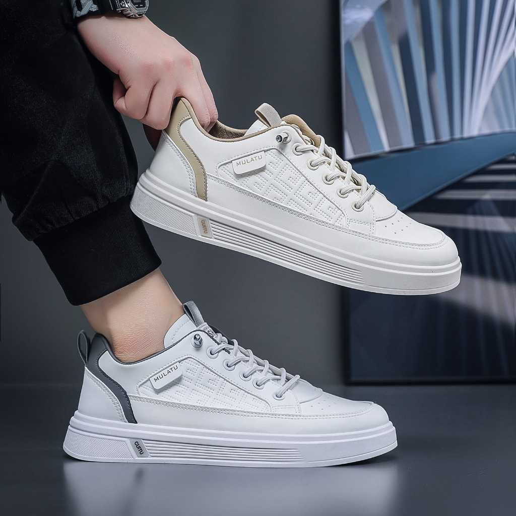 MJ - Sepatu Pria Putih Casual Sepatu Sneakers Cowok Outdoor Kulit Sepatu Jogging Kuliah