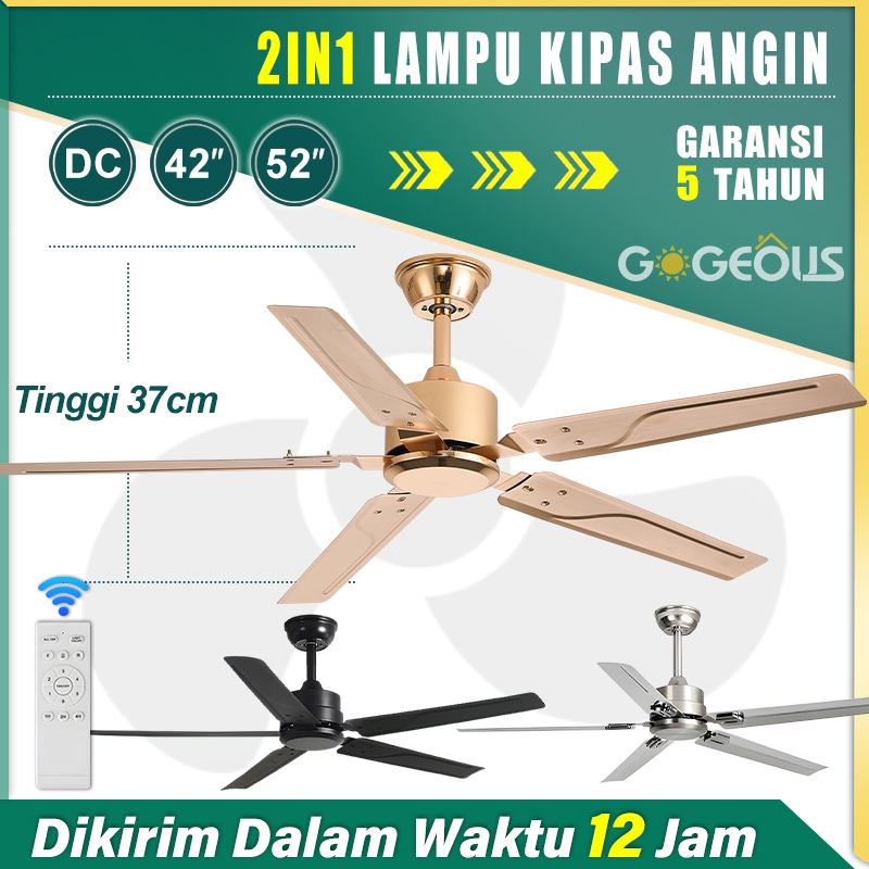 Gogeous Kipas Angin Gantung Plafon 52inci Besi Daun DC 6 Kecepatan Kipas Gantung Baling Baling Emas