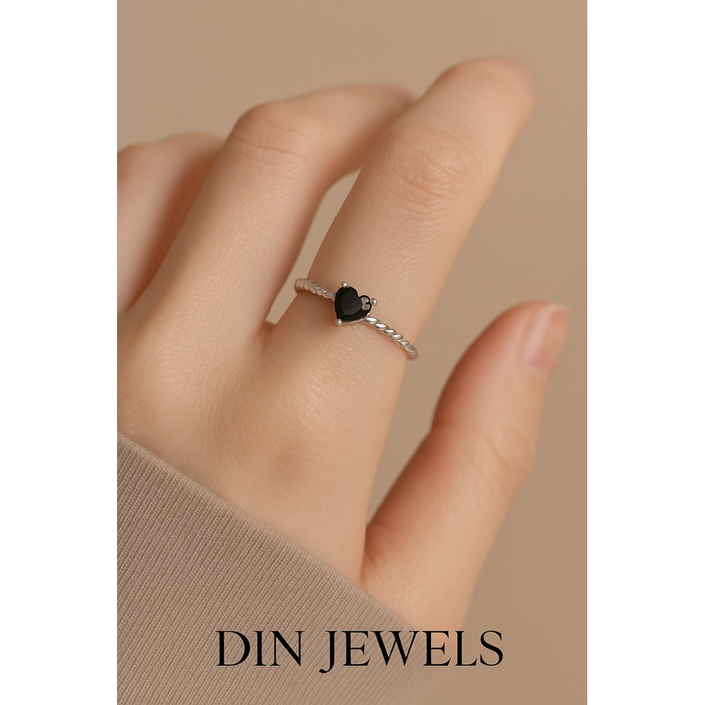 DIN JEWELS - Cincin Love Hitam | Cincin Wanita Korea Fashion Aksesoris | Cincin Murah Elegan