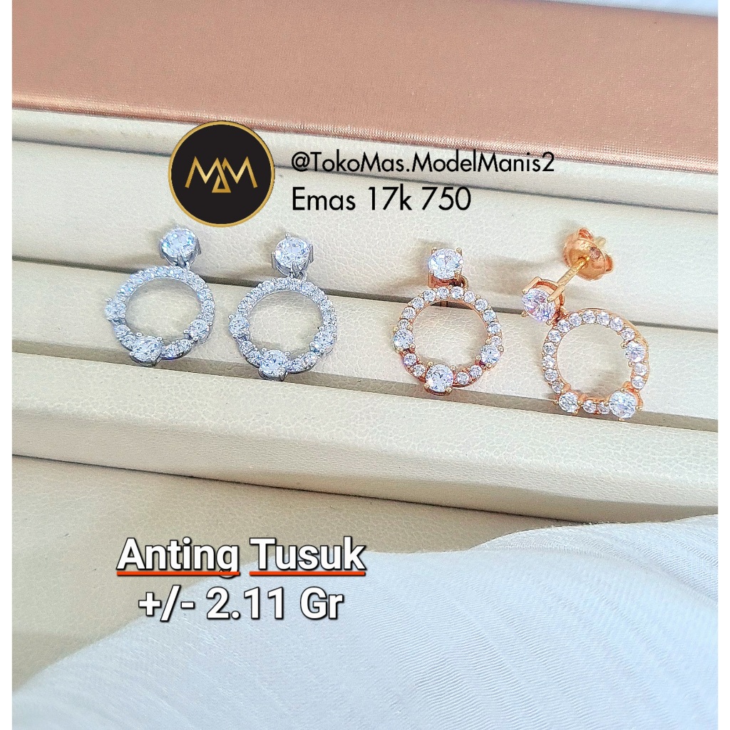 Anting Tusuk Bulat Diamond Looks emas putih rosegold 750 kadar 17k