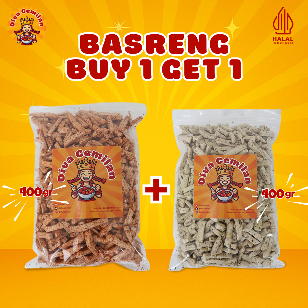 

(Buy 1 Get 1) Basreng pedas 400 gr Gratis Basreng original daun jeruk 400 gr diva cemilan snack & food makanan ringan