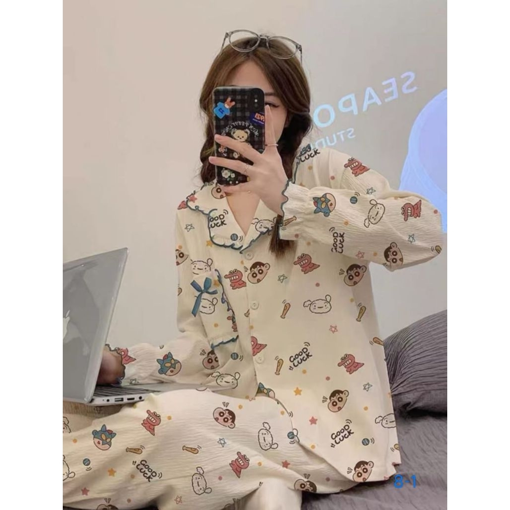 BAJU TIDUR STELAN PIYAMA WANITA DEWASA LENGAN PANJANG CELANA PANJANG