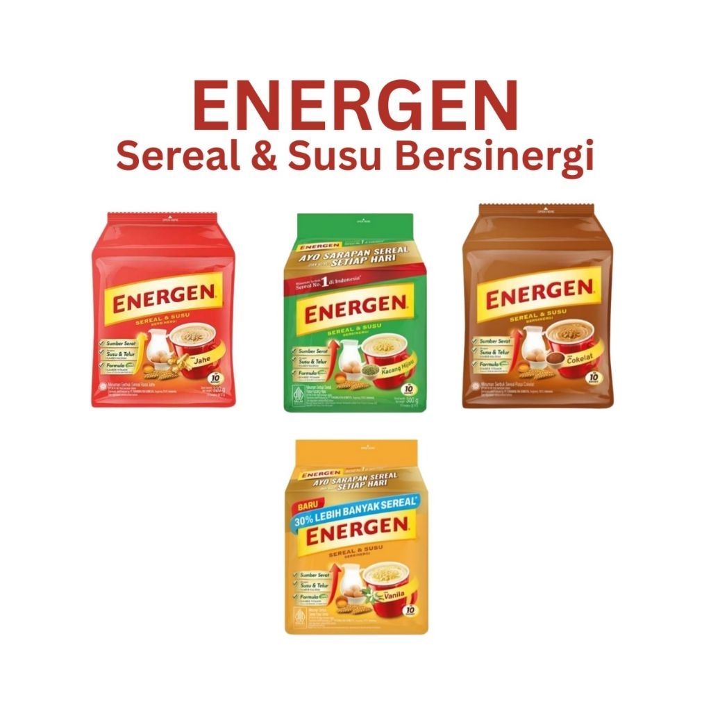 

ENERGEN Sereal Instan – Minuman Bergizi Rasa [Coklat / Vanila / Kacang Hijau / Jagung / Jahe] – [Isi 10 Sachet]