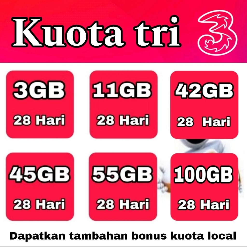 KUOTA TRI HAPPY 3GB/11GB/42GB/55GB/100GB