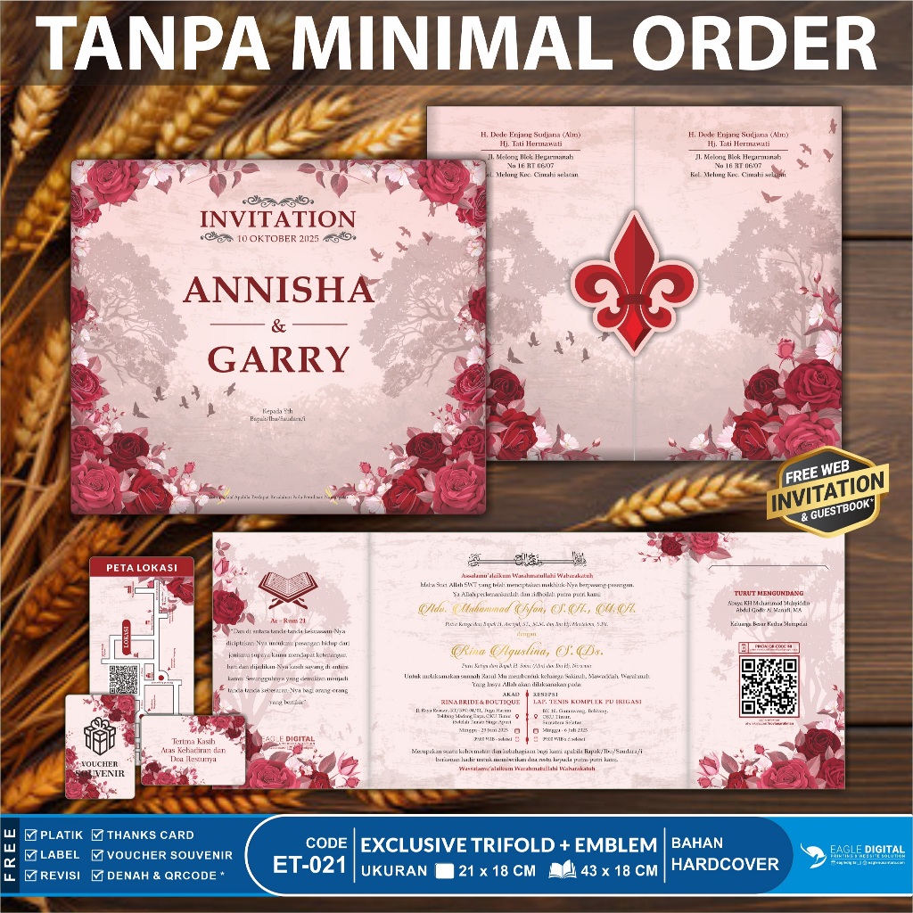 Aesthetic Maroon | Hardcover Trifold Lipat Tiga | Undangan Pernikahan Tanpa Minimal Order