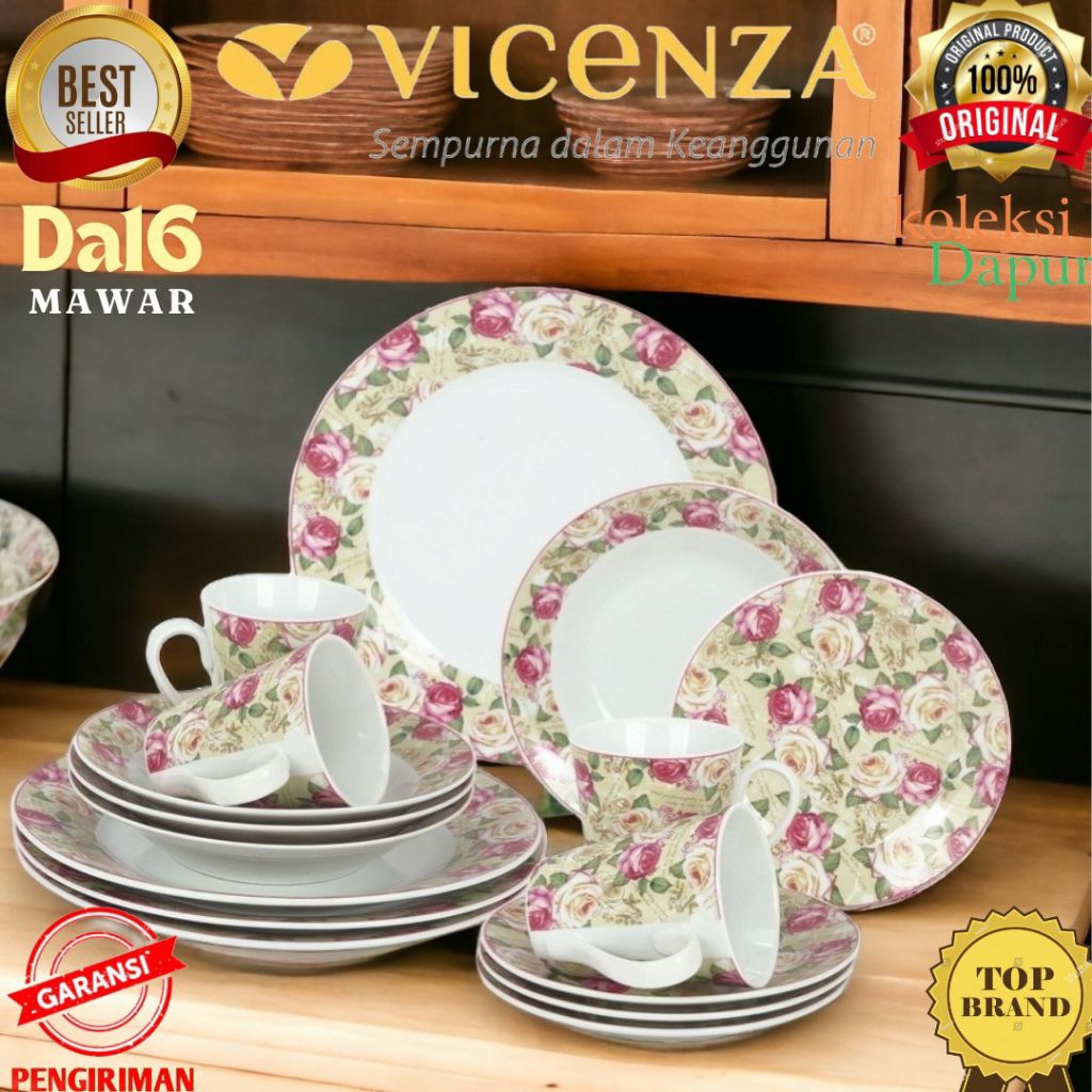 Perlengkapan Makan Da16 VICENZA Dinner set Mawar dengan 12 Piring Mawar dan 3 size beda, dari piring