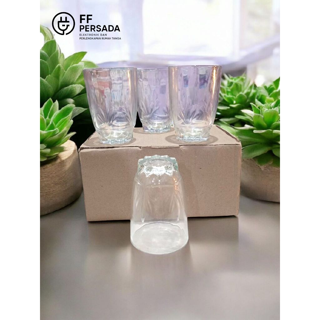 Gelas Kaca Bening Motif Bunga 6pcs