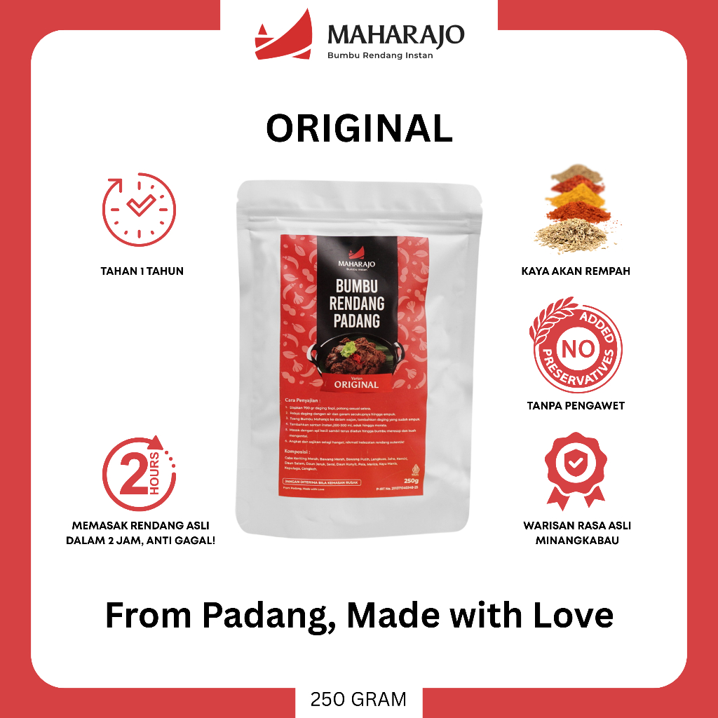 

[1 POUCH Original] Maharajo Bumbu Rendang Instan 250g – Bumbu Rendang Padang Asli Minang, Praktis, Cepat, Tahan Lama, Pasterisasi, Tanpa Pengawet, No MSG, Mudah Dimasak, Cocok untuk Daging, Ayam, Rasa Autentik, Premium, Best Seller