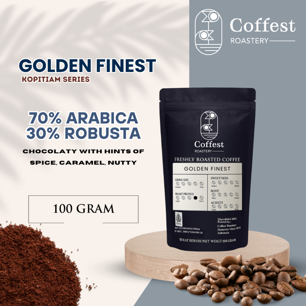 

Coffest Roastery - Golden Finest 100 gram - Roast Beans Biji Bubuk Kopi Blend 70/30 Arabika Robusta