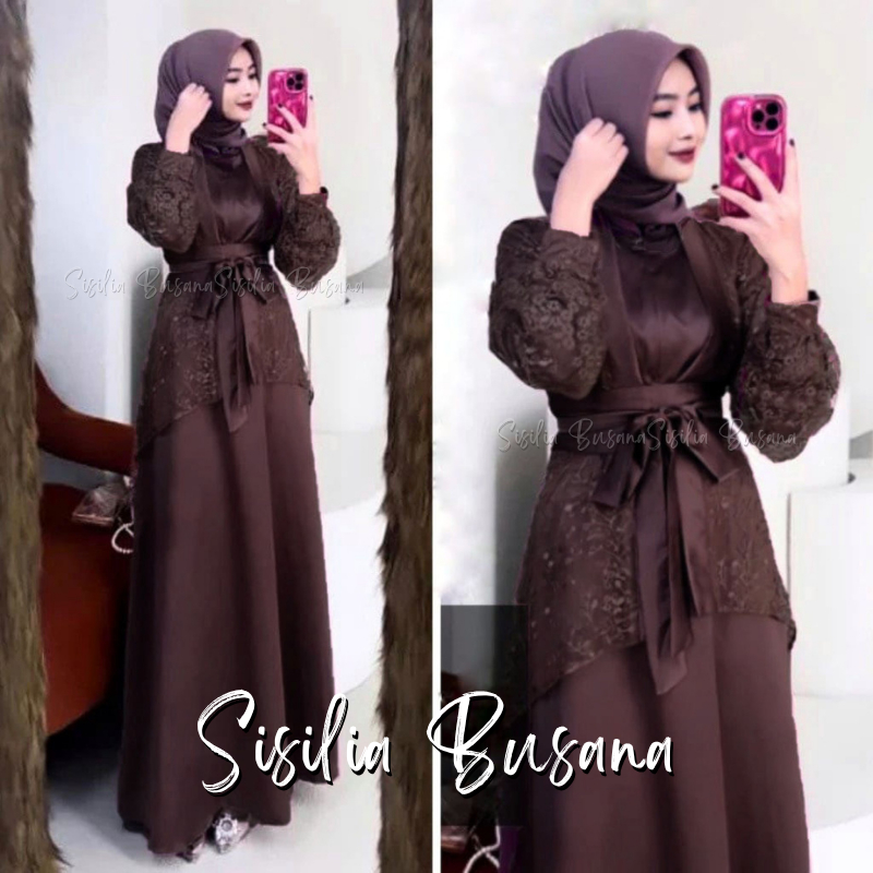 Sisilia - Fuji Dress Veloxa Mahogany Set Inner Outer Kimono Gamis Muslim Wanita Pesta Kondangan Brid