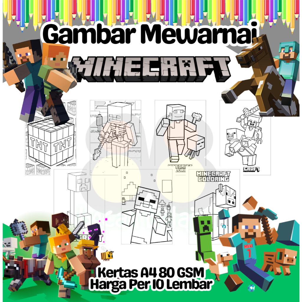 

10 Lembar Kertas A4 Gambar Mewarnai Tema MINECRAFT Termurah - Anak Anak TK SD PAUD Remaja
