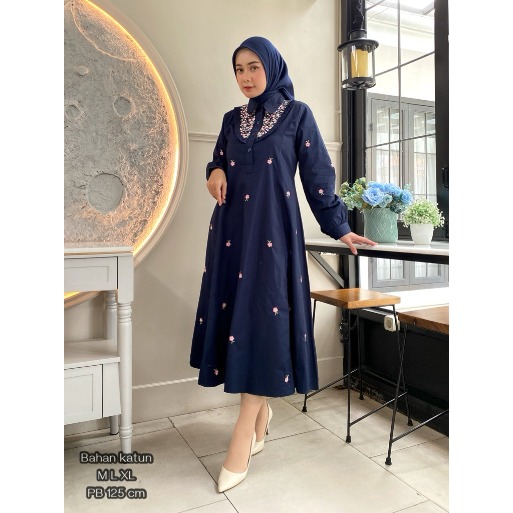 midi dress bordir tabur katun jepang