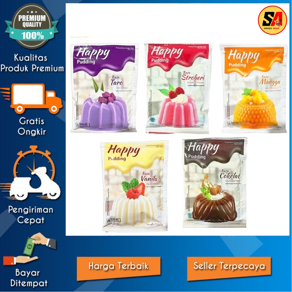 

Happy Pudding Strawberry Coklat Taro Vanilla / Nutrijell Puding Bubuk Instant 60 GRAM