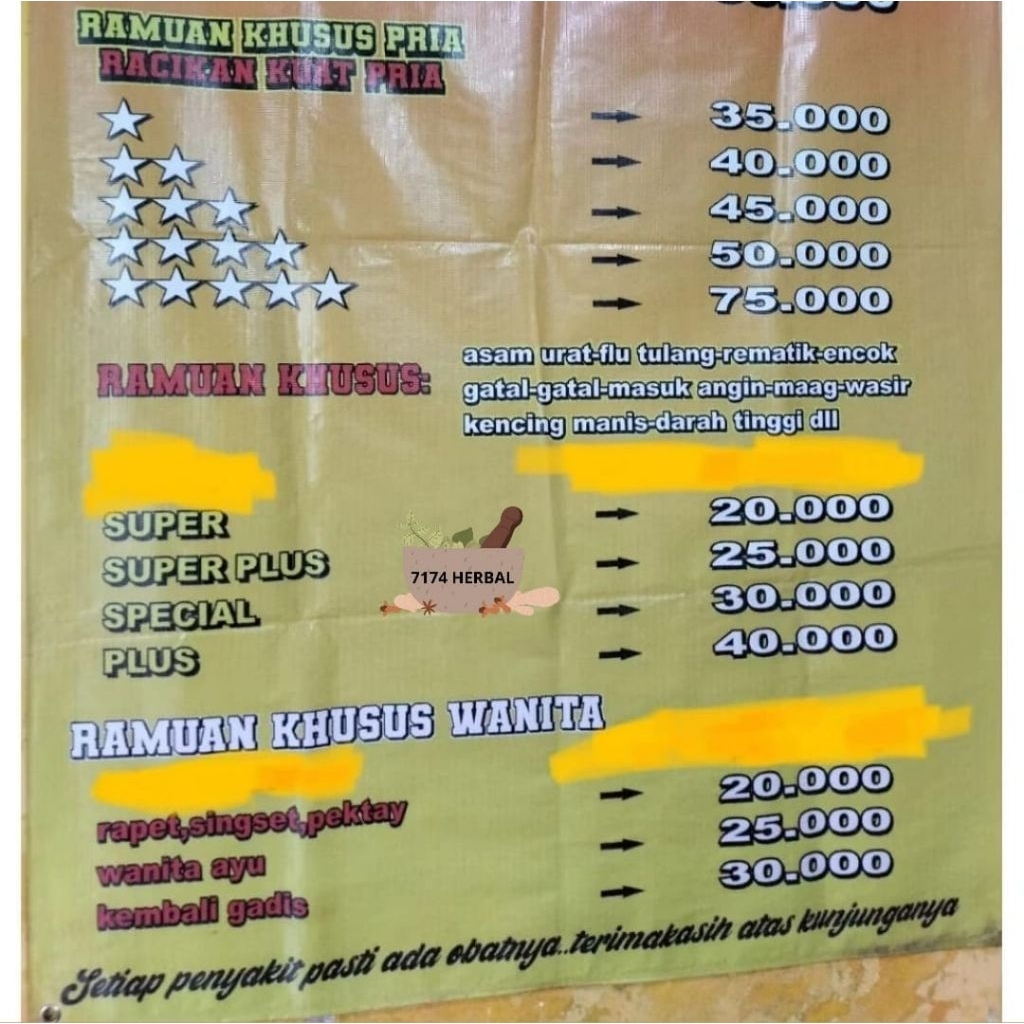 

RACIKAN JAMU HERBAL SEGALA MACAM PENYAKIT (JAMU DAN VITAMIN TERGANTUNG HARGA PESANAN)