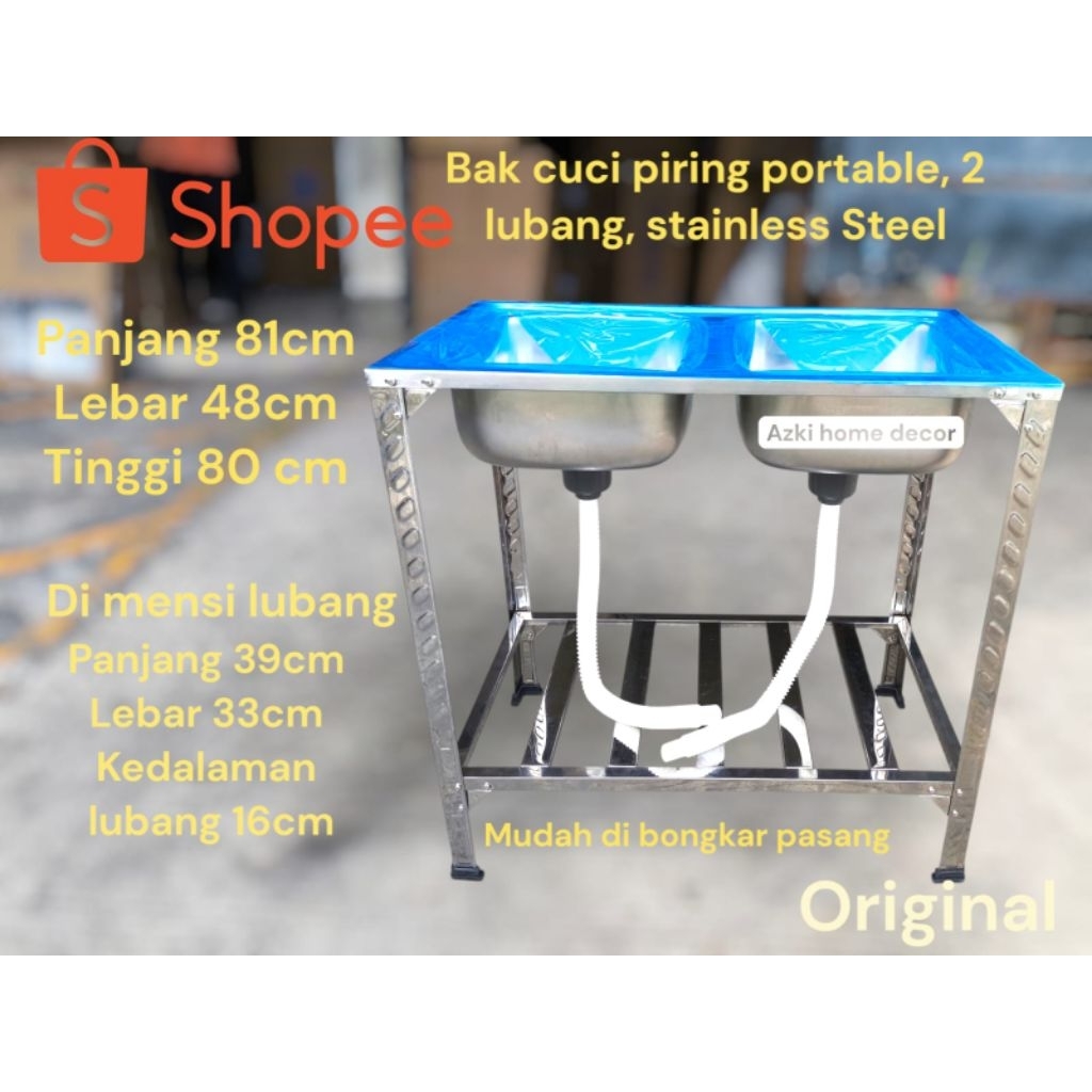 sink portable 2 lubang stainless/bak cuci piring meja 2 lubang