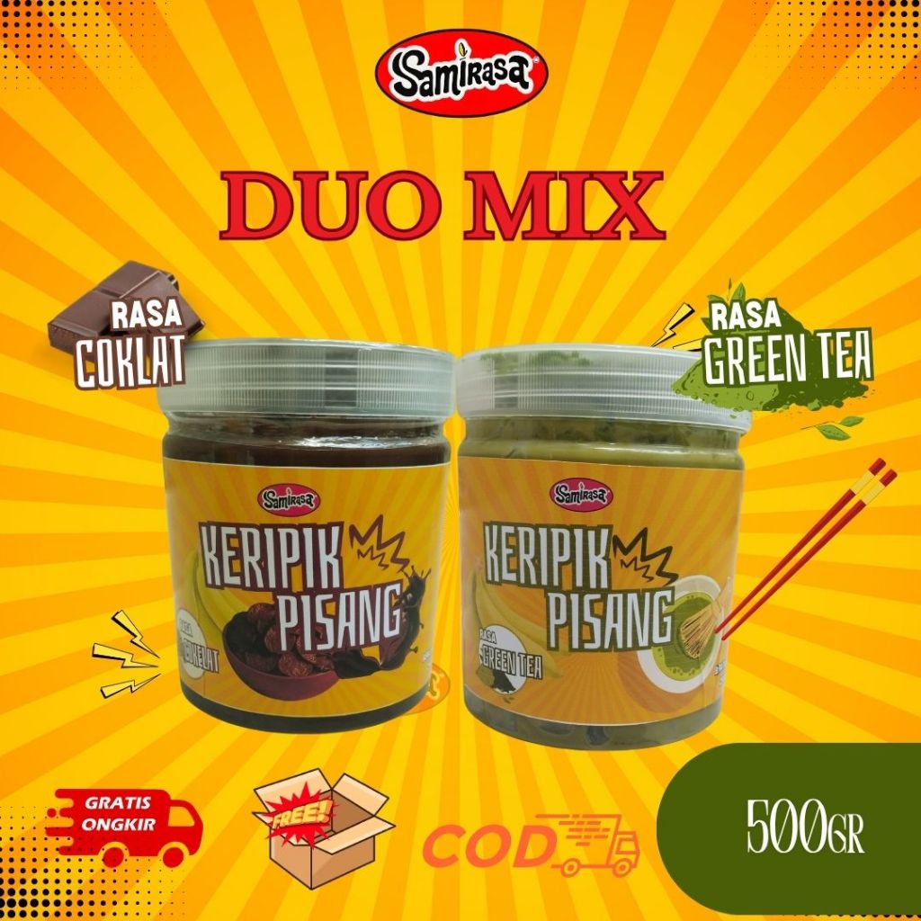 

Duo Mix Keripik Pisang Coklat Green tea SAMIRASA 500gr - [Makanan Sehat Manis Keripik Coklat Matcha Greentea Banana Cemilan Snack Viral Premium Cokelat Chocolate Greentea] ]