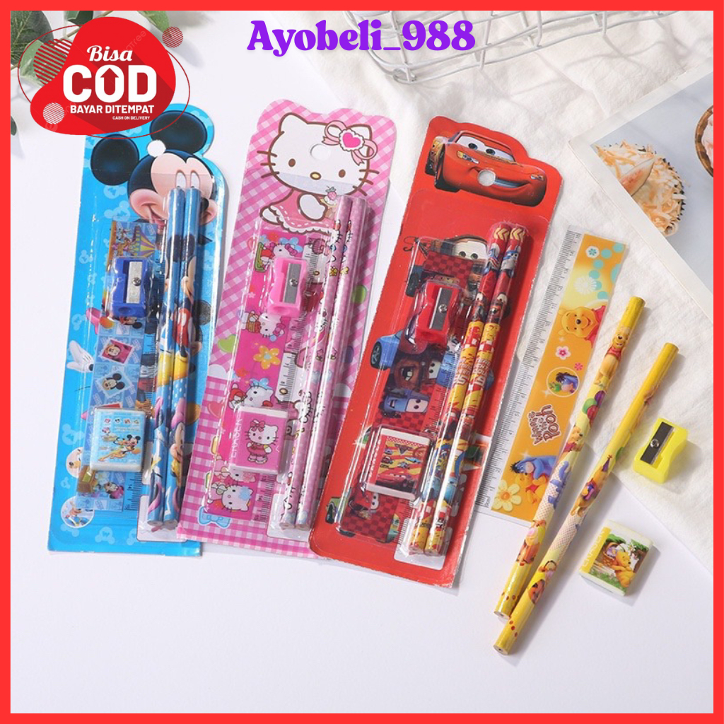 

【AYOBELI988】Stationery Set 5 in 1 Motif Alat Tulis Paket Anak Sekolah Penghapus penggaris Pensil Serutan Karakter Lucu