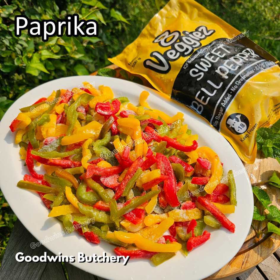 

PAPRIKA MIXED COLOURS Capsicum Sweet Bell Pepper sayuran beku 8 Veggiez imported frozen vegetable IQF 8Veggiez 500g