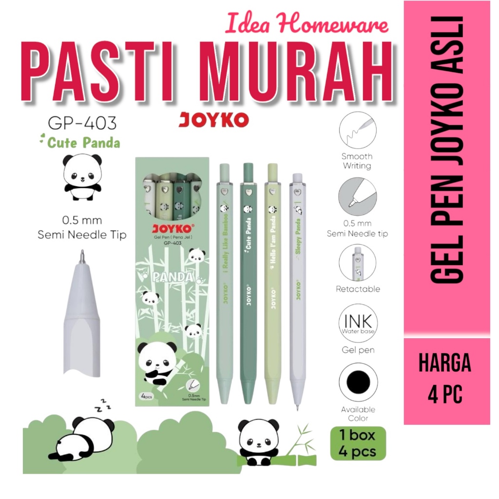 

Pena Ballpen Balpen Bulpen Polpen Pulpen Murah Gel Pen Joyko GP 403 Motif Panda 0.5 mm 1 Set 4 Pen