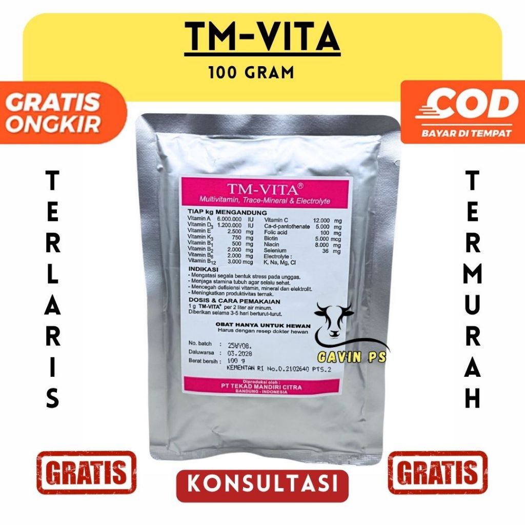 TM-VITA 100 GRAM - TMC - MULTIVITAMIN, TRACE MINERAL DAN ELECTROLYTE UNTUK TERNAK