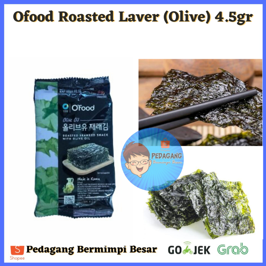 

Ofood Roasted Laver (Olive) 4.5gr/ Chung Jung One Daesang Ofood - Roasted Laver - Seasoned Roasted Seaweed with Olive/ Rumput Laut