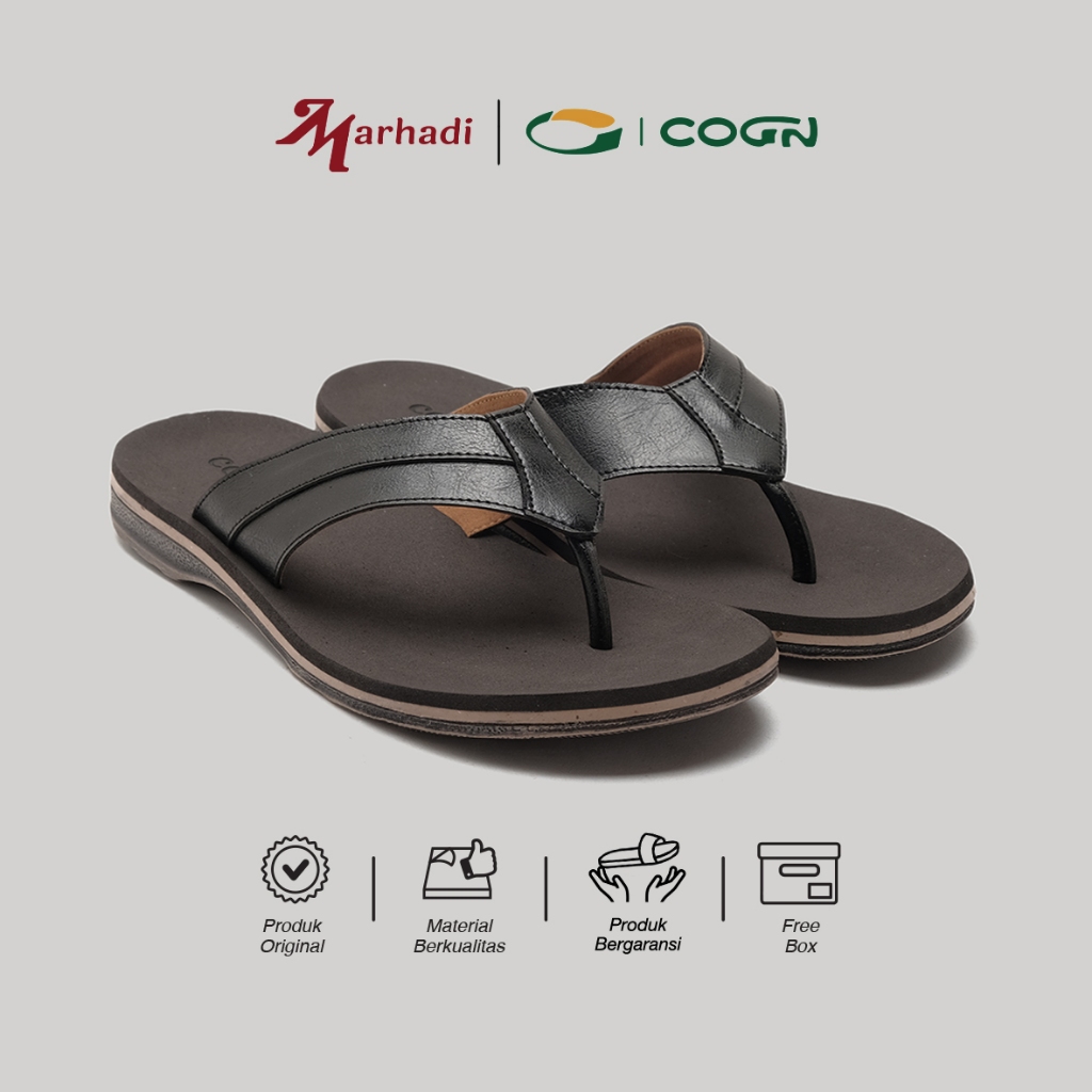 Cogen Sendal Jepit Kulit Pria Sandal Cowok Kulit Marino Series Leather - Black