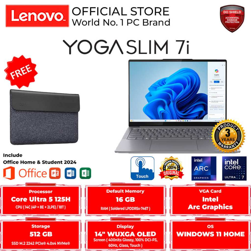 LENOVO YOGA SLIM 7i 14IMH9 INTEL DMID ULTRA 5-125H 16GB 512GB TOUCH OLED WIN 11 HOME + OFFICE HOME 2