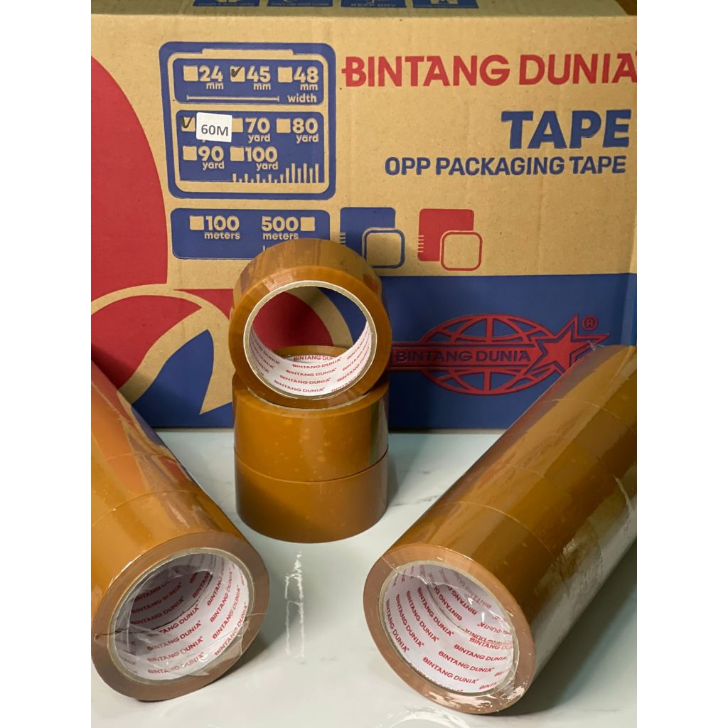 

LAKBAN COKLAT BINTANG DUNIA , LAKBAN KARDUS , LAKBAN PACKING BARANG COKLAT 45MM X 90YEARD ECO (6roll)
