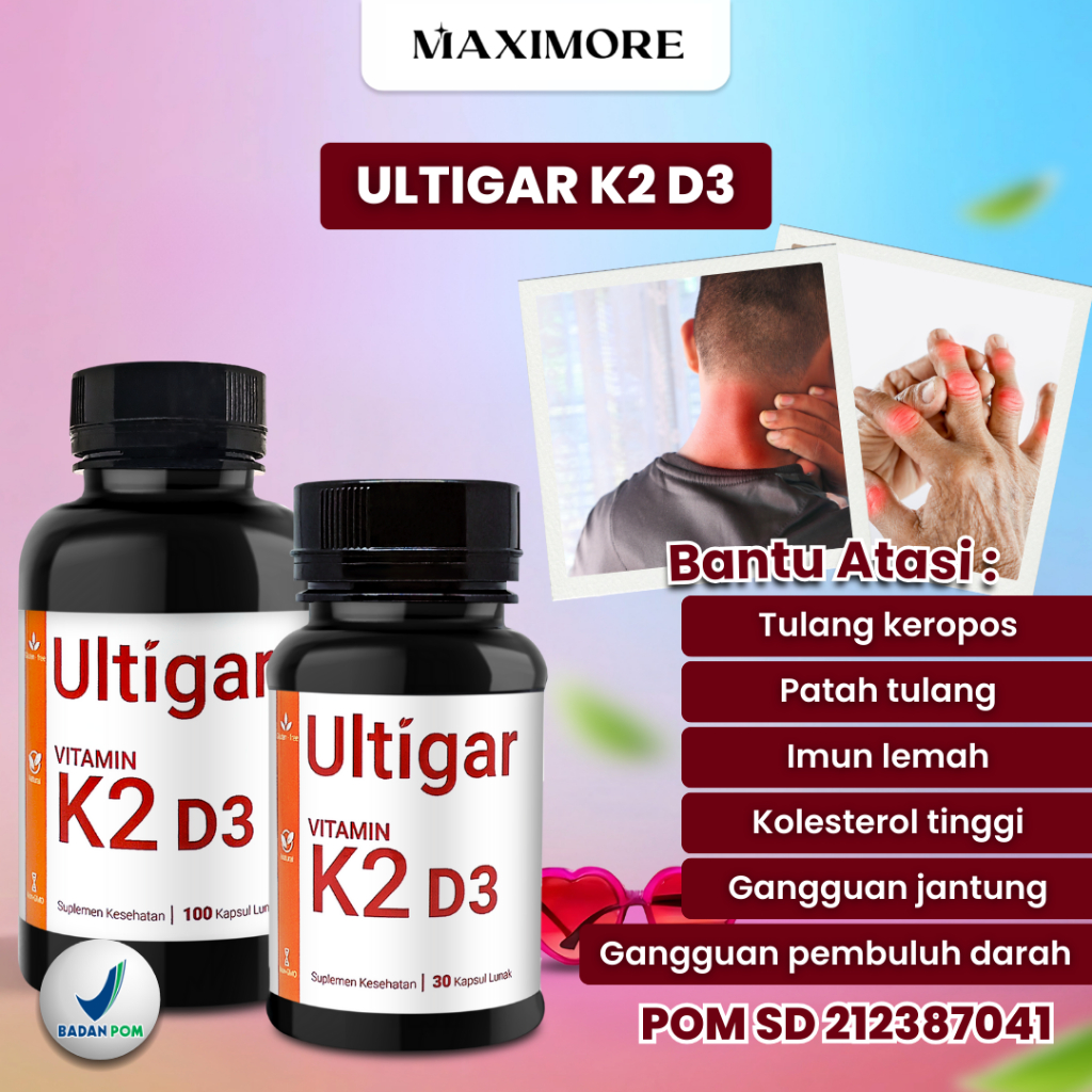 Ultigar Vitamin K2 + D3 - K2 120 mcg D3 400 IU - Botol isi 30 & 100 Kapsul Lunak - Suplemen Kesehata