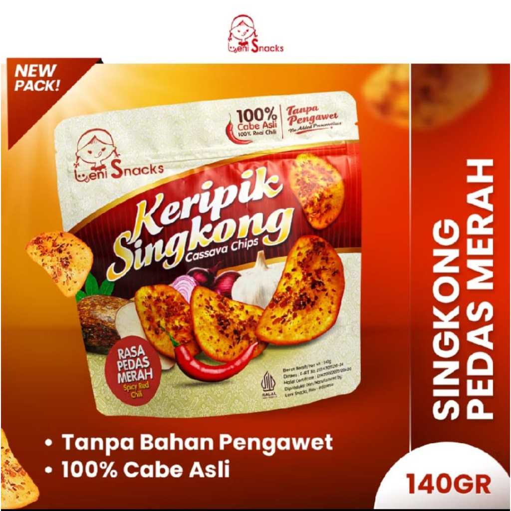 

Leni Snacks Keripik Singkong Pedas Merah Packaging Lama/Packaging Baru/Vegetarian 140g/250g/500g Cemilan Keripik Cassava Jadul Enak Garing Renyah Crispy Pedas Bubuk Gurih Original Halal