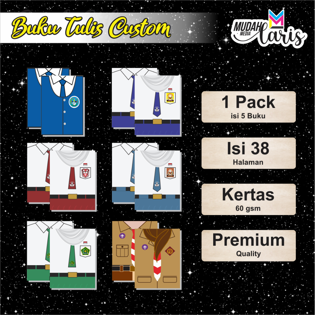 

Buku Tulis Custom Seragam Sekolah SD,TK,MI,SMP,MTS,SMA 38 Lembar / Buku Tulis 1 Pack isi 5 buku