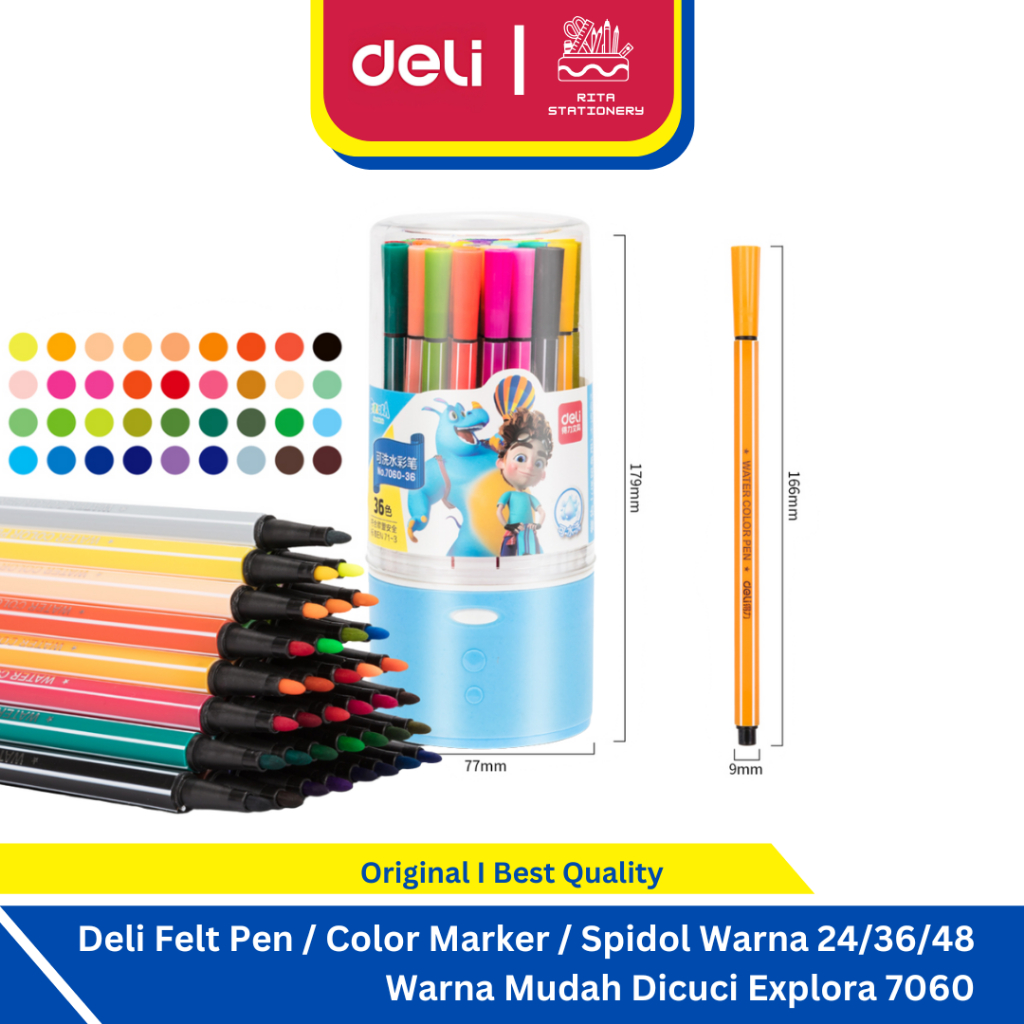 

Deli Felt Pen / Color Marker / Spidol Warna 24/36/48 Warna Hexagonal Mudah Dicuci Explora 7060