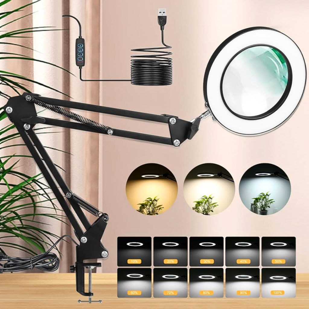 MALL KKMOON Lampu Baca Membaca LED + Kaca Pembesar servis elektronik hp di meja 3 warna 12W 1200lm