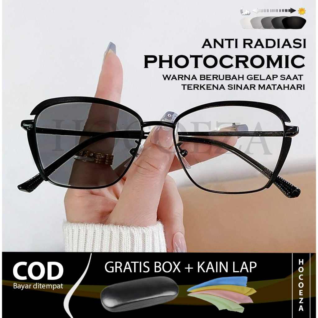 Kacamata Lensa Normal Photochromic Anti Radiasi Anti UV 2in1 Unisex Pria Wanita Cewek Cowok  HC175