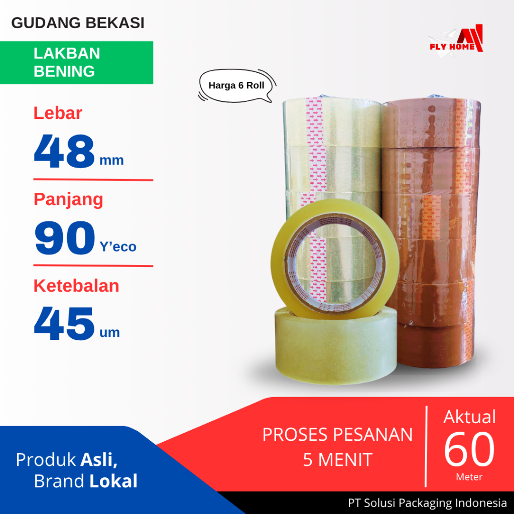 

FLYHOME 6Roll Lakban Bening 48x90Y 2inchi Solasi Uk Besar ECO 90 yard