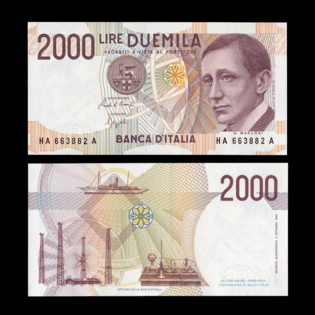 ITALY 2000 LIRE 1990 UNC PRE EURO UANG ITALIA LAWAS