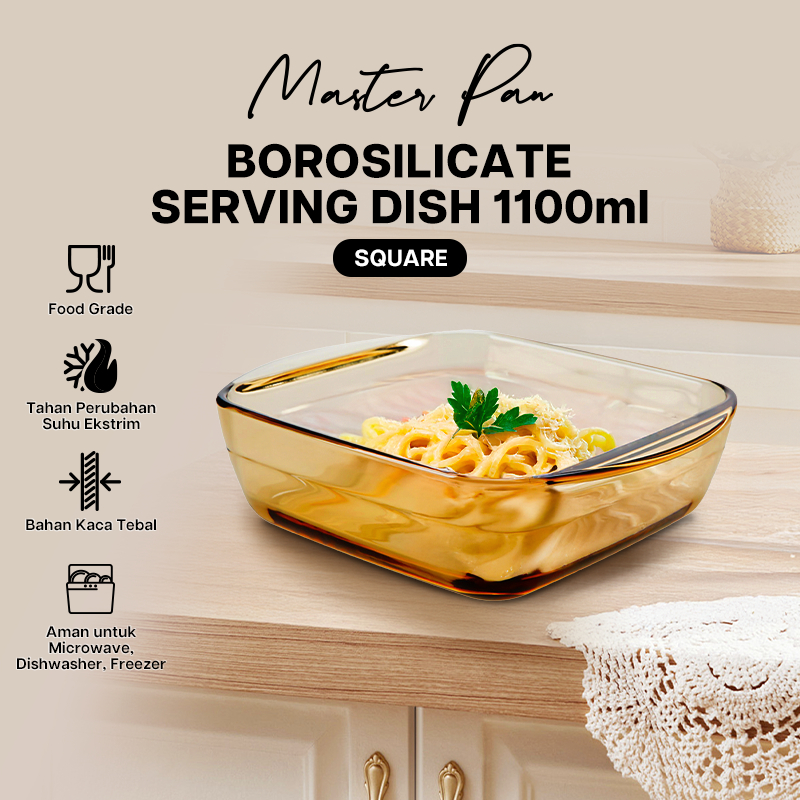 Master Pan Mangkok Saji Kaca Kotak Serbaguna Coklat Bening 1100 ml Master Glass Food Grade