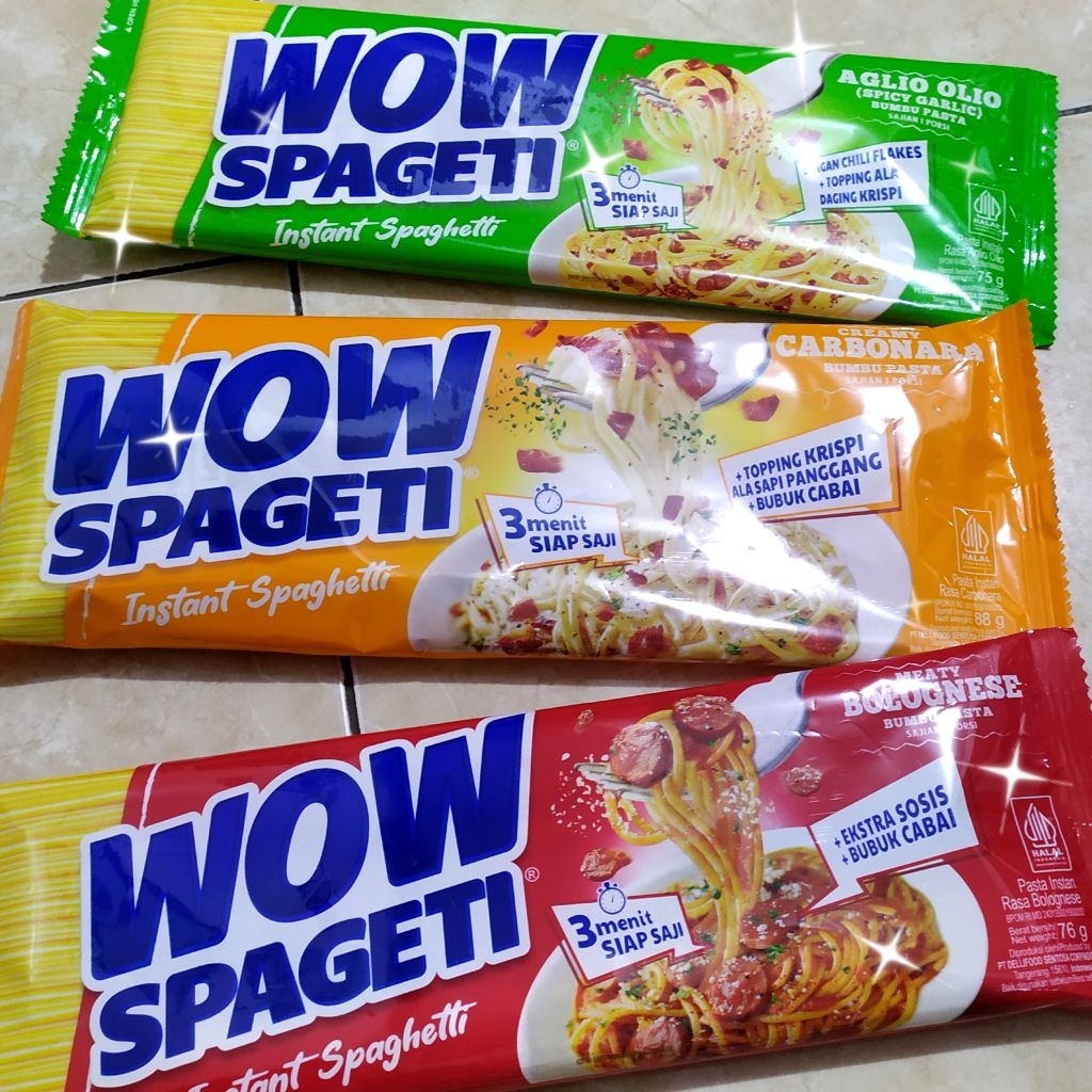 

WOW Spageti Instant Spageti 75gr (Aglio Olio, Carbonara, Bolognese), Pop Spageti (Spicy Bolognese, Spicy Carbonara)