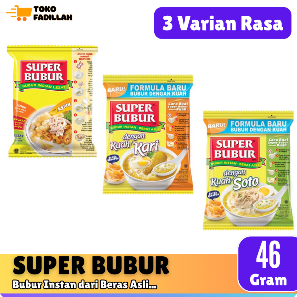 Super Bubur Instan 46gr Rasa Ayam, Kuah Soto, Kuah Kari