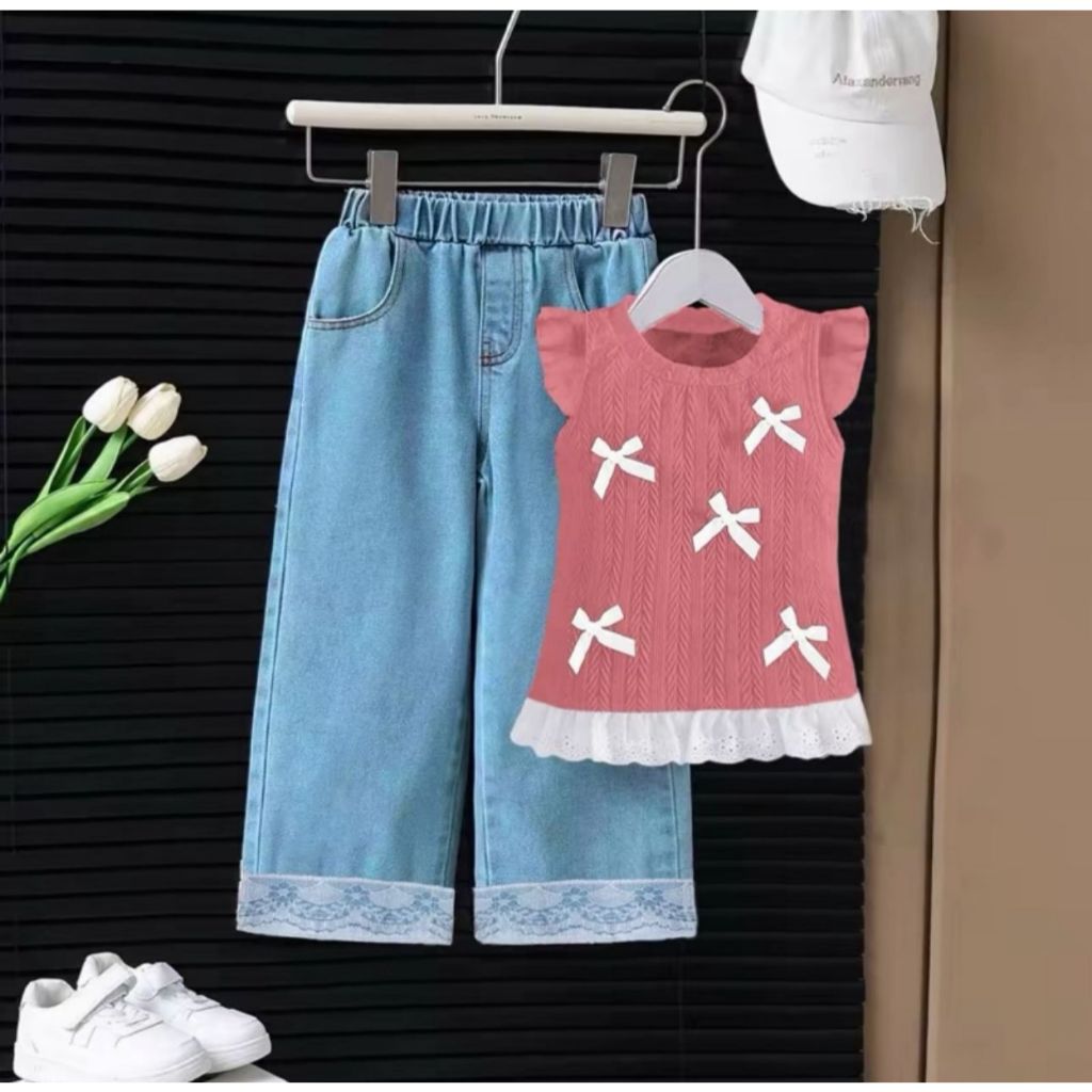 rebystore setelan anak perempuan kaos knit pita celana jeans panjang terbaru 1-5 tahun
