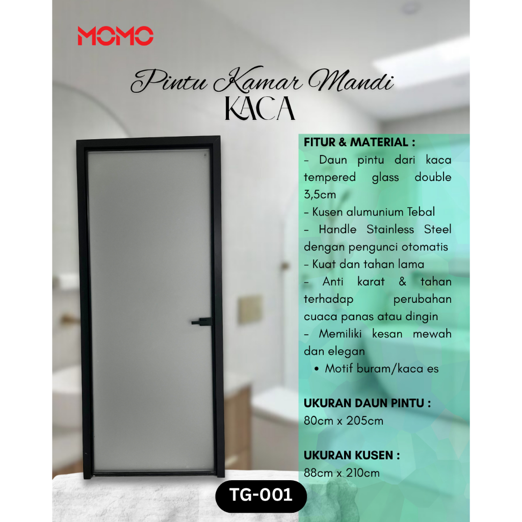 Pintu Kamar Mandi TG-001 Aluminium Tempered Glass Tebal Kaca