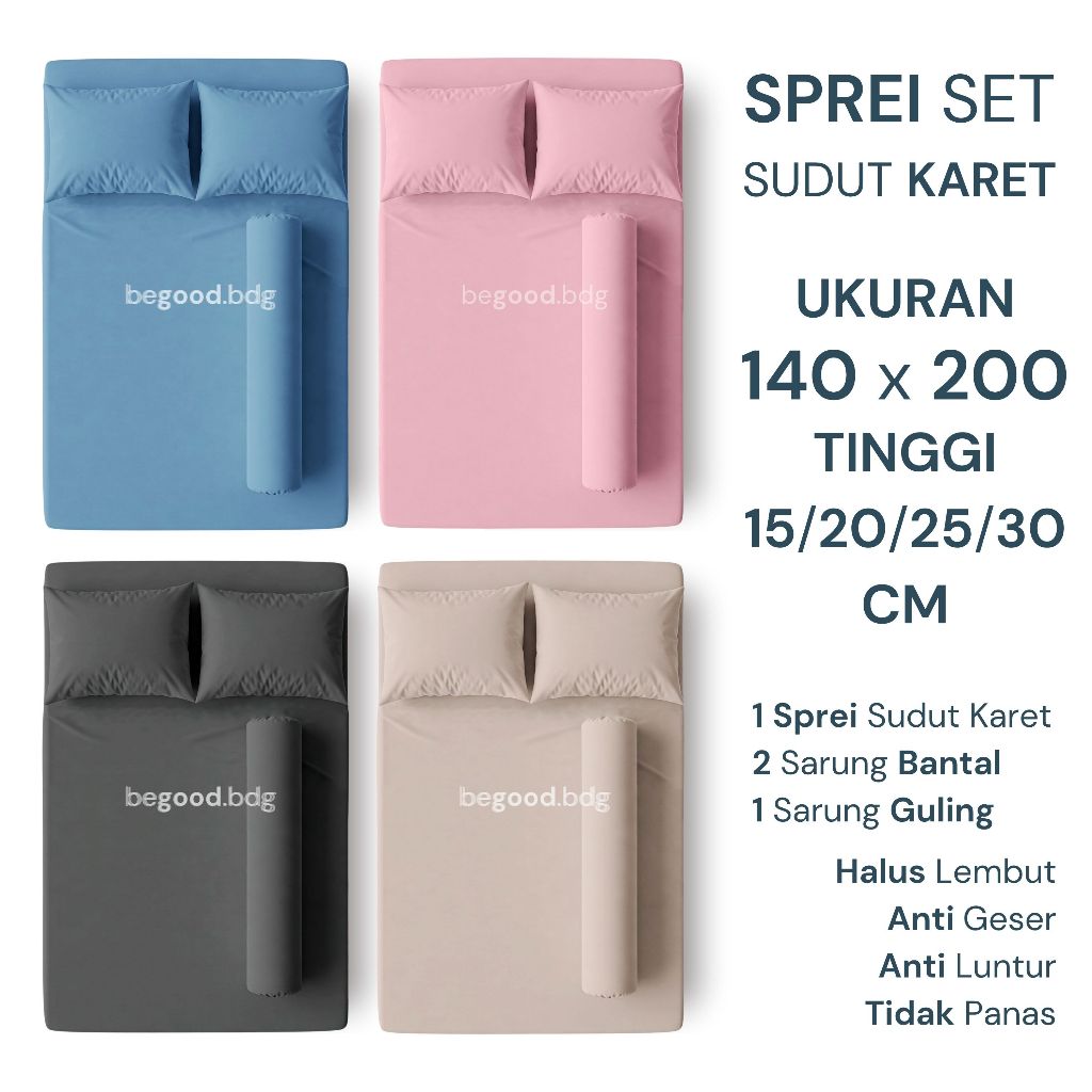 Sprei SET 140x200 Sudut Karet | 140x200x15 | 140x200x20 | 140x200x25 | 140x200x30 | Lembut | Polos