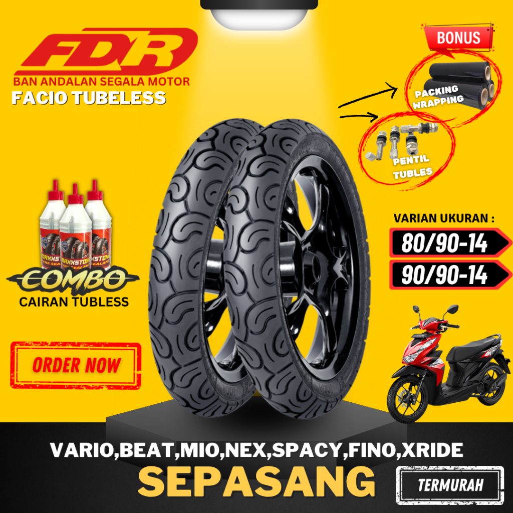 [READY SEPASANG MURAH] BAN FDR FACIO RING 14 / ( 80/90-14 / 90/90-14 ) BAN FDR TUBELESS TUBLES RING 