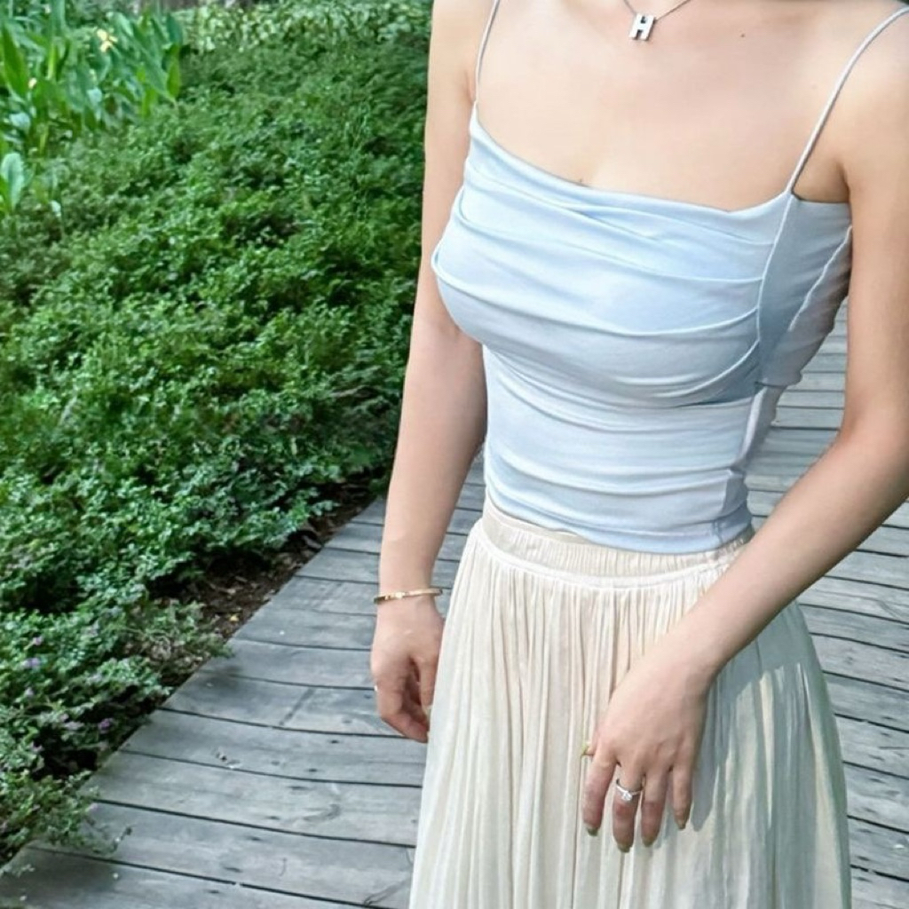 Tanktop Wanita Tali Kecil Elastis Tanpa Kawat With Bra Cup Variasi Kerutan Tanktop Stone Tanktop Wan