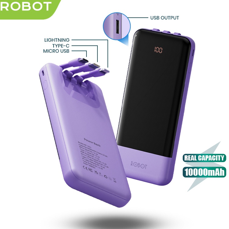 KODE G86V Powerbank ROBOT Kapasitas 1mAH RP11L Kabel Builtin Type C Lightning Micro Original Garansi