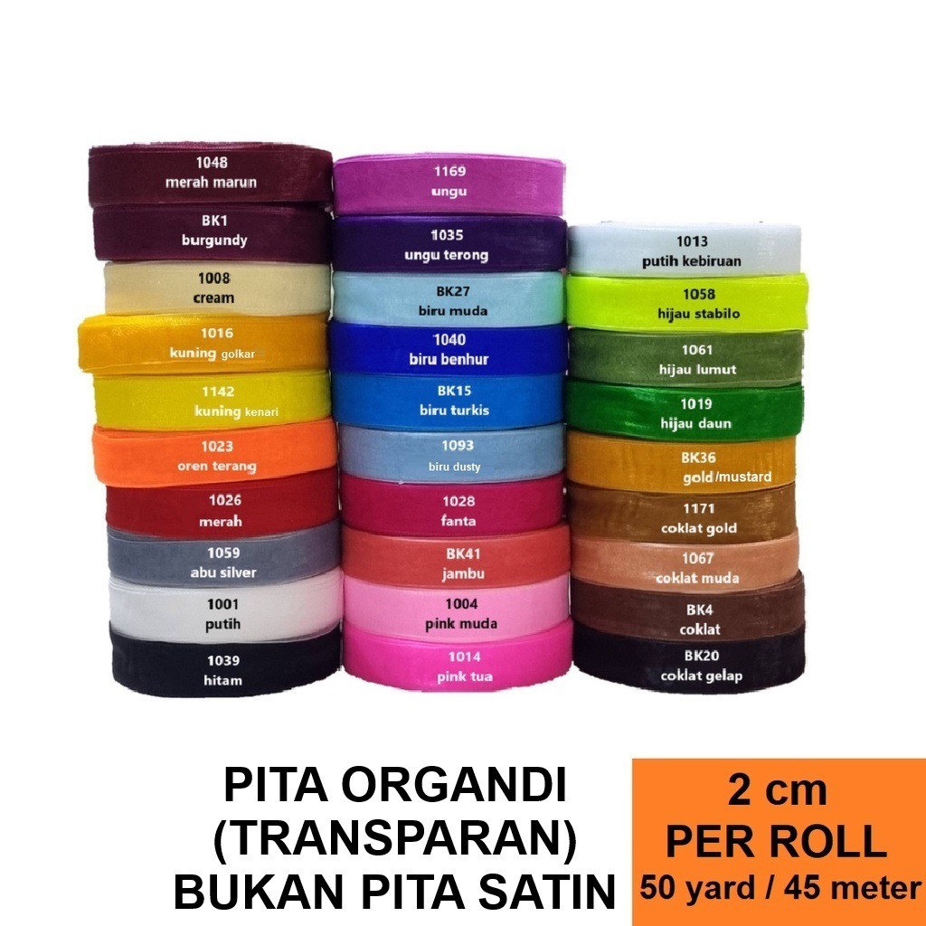 

Pita Organdi Polos 3/4 inch/2 cm @50 yard Pita Kado Pita Kaca Transparan 3/4inch/2cm