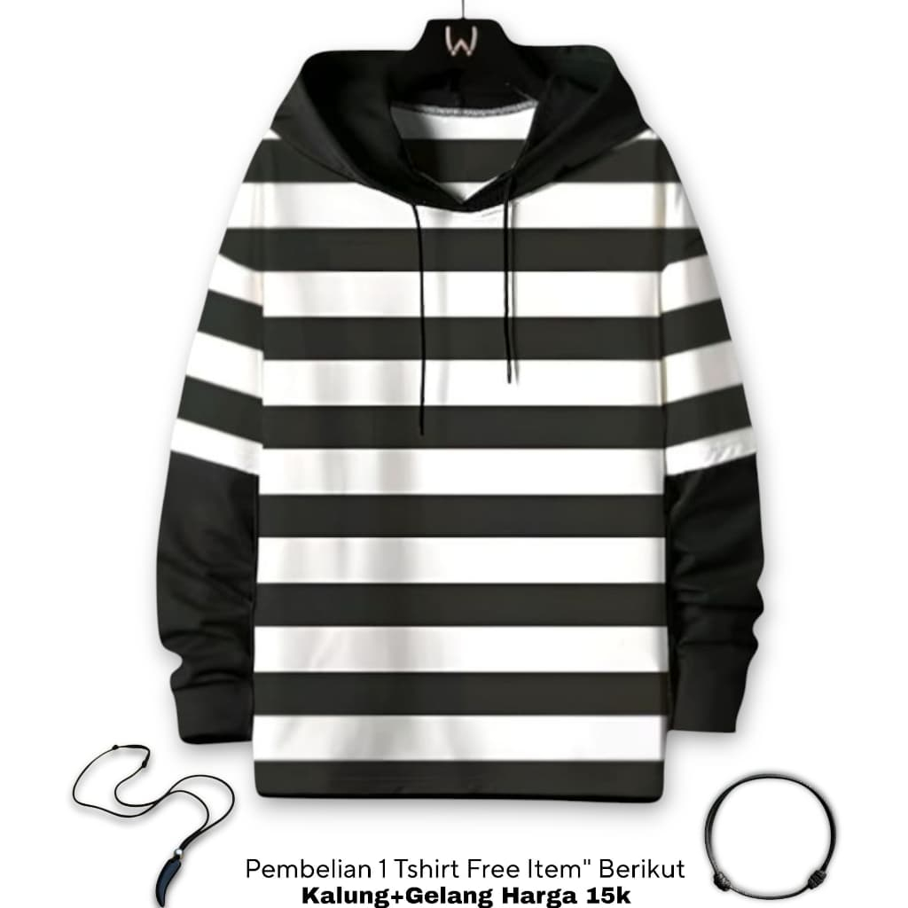 RODJACK Kaos Kupluk Salur Pria Wanita Lengan Panjang Kaos Hoodie Double Layer Sweatshirt Stripe